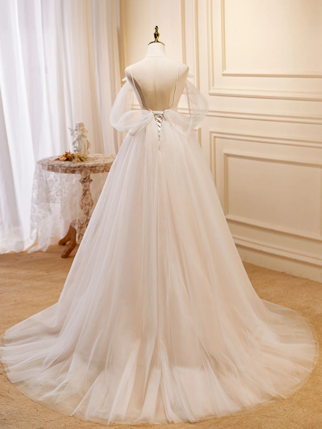 A-Line Light Champagne Long Prom Dresses, Light Champagne Lace Formal Dresses - Deanwangkt