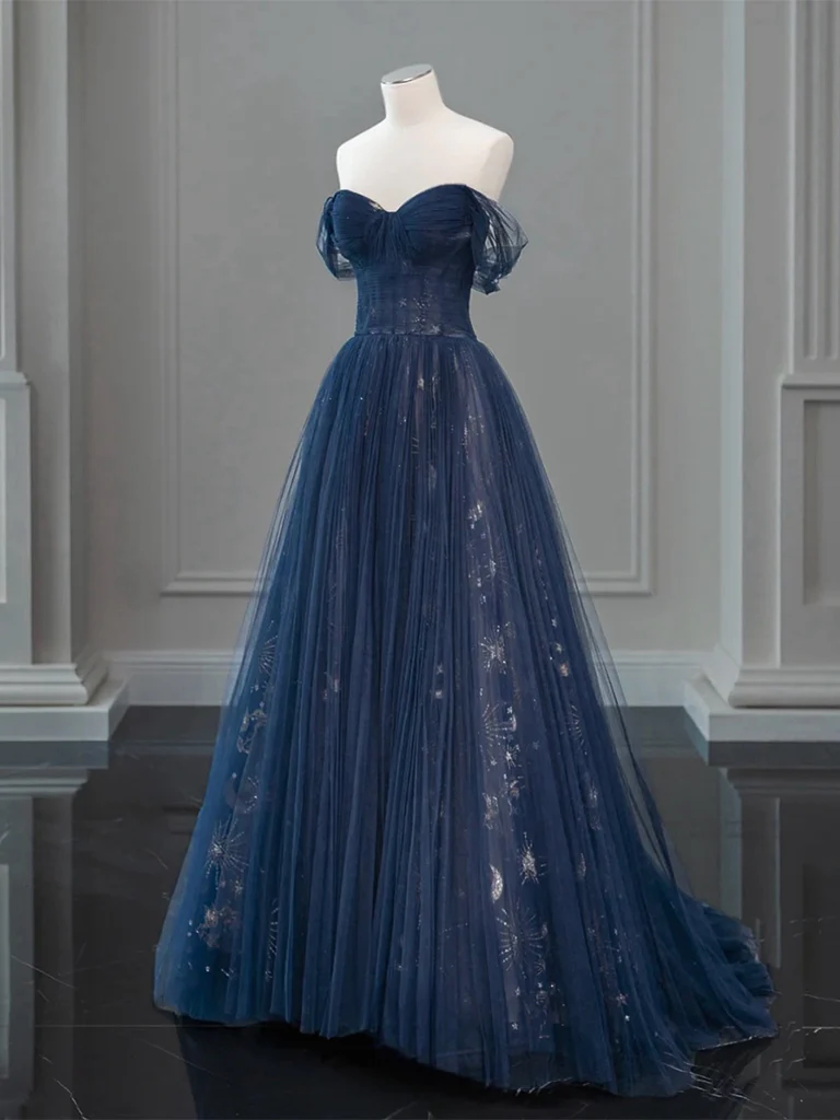 A-Line Off Shoulder Tulle Lace Dark Blue Long Prom Dress, Dark Blue Long Evening Dress - Deanwangkt