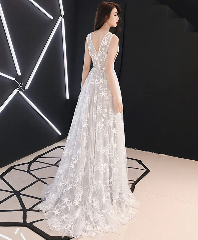 Gray Tulle Lace Long Prom Dress, Gray Lace Evening Dress - Deanwangkt