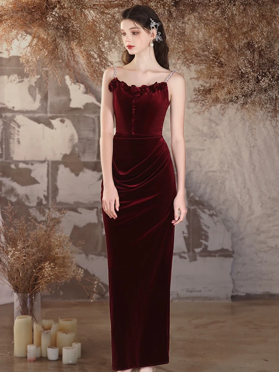 Simple Velvet Mermaid Burgundy Long Prom Dress, Burgundy Long Formal Dress - Deanwangkt