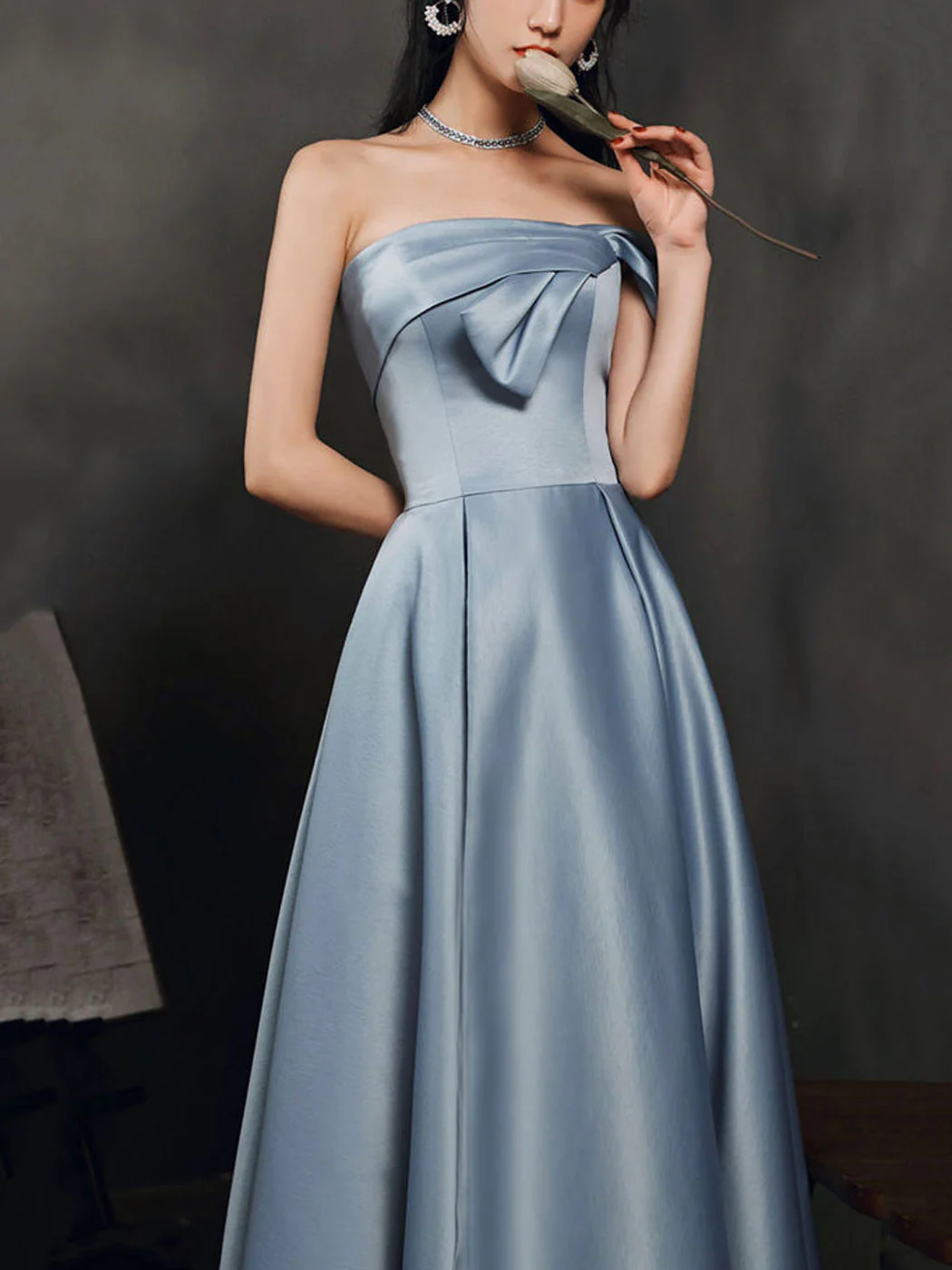 Simple A Line Satin Gray Blue Long Prom Dress, Gray Blue Long Bridesmaid Dress - Deanwangkt