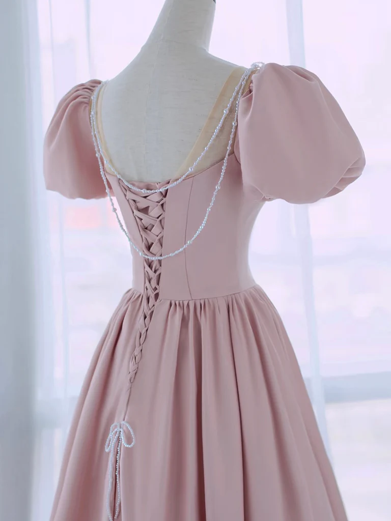 A-Line Puff Sleeves Satin Pink Long Prom Dress, Pink Long Formal Dress - Deanwangkt