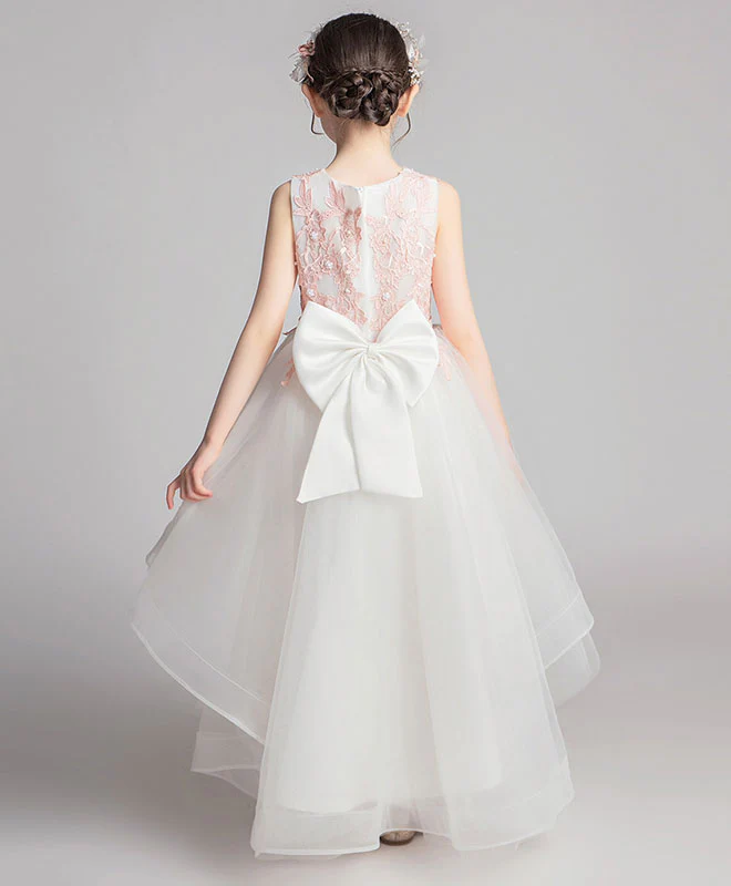 White Round Neck Tulle Lace High Low Prom Dress, Lace Flower Girl Dress - Deanwangkt