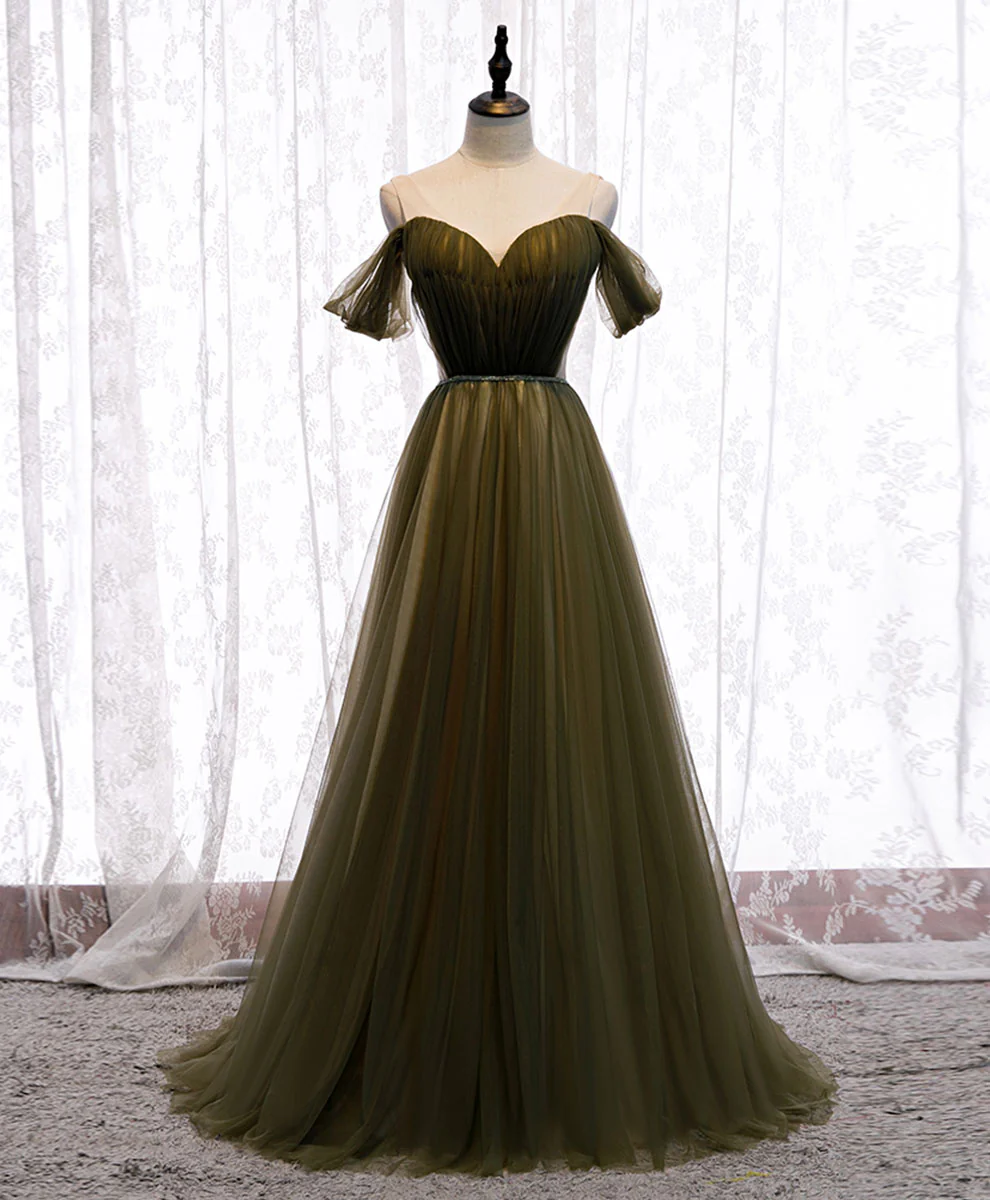 Simple Sweetheart Tulle Off Shoulder Long Prom Dress, Aline Tulle Formal Dress - Deanwangkt