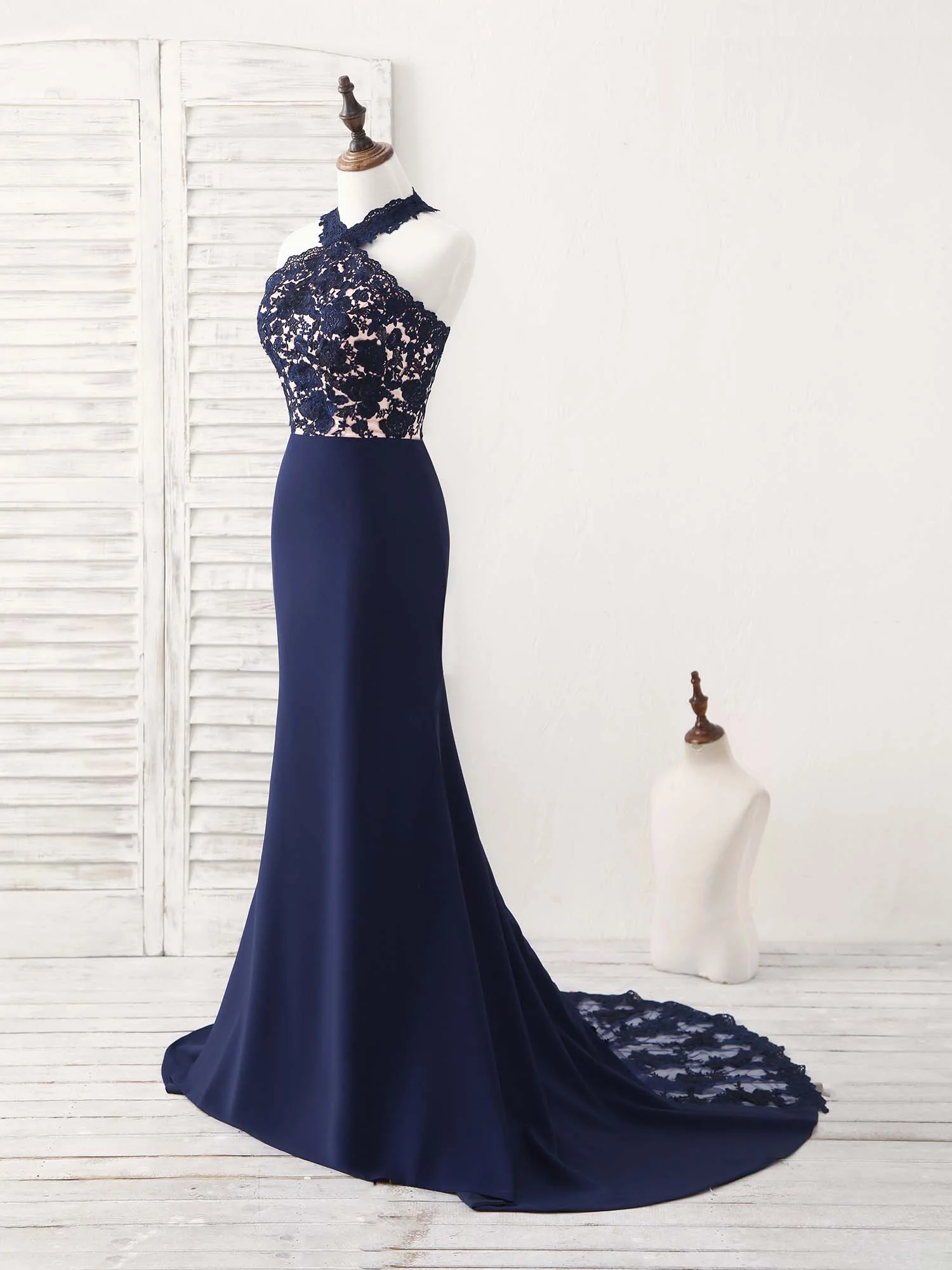 Dark Blue Lace Mermaid Long Prom Dress Mermaid Bridesmaid Dress - Deanwangkt