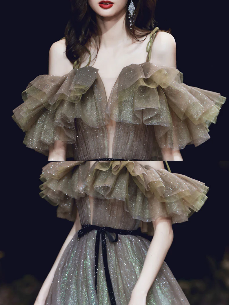 Unique Tulle Off Shoulder Long Prom Dress, Tulle Sequin Evening Dresses - Deanwangkt