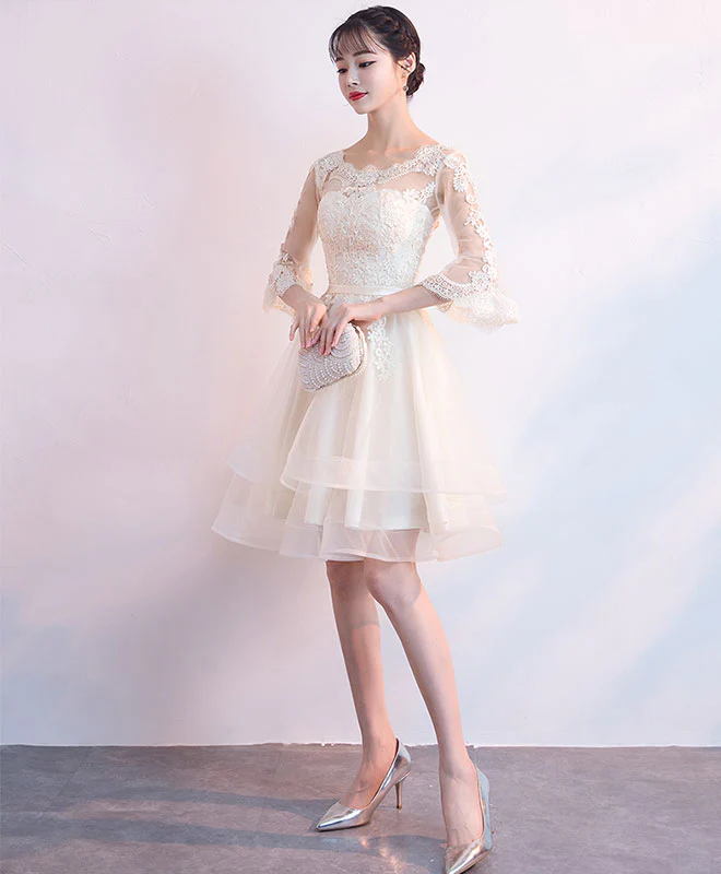 Champagne Tulle Lace Short Prom Dress, Champagne Homecoming Dress - Deanwangkt