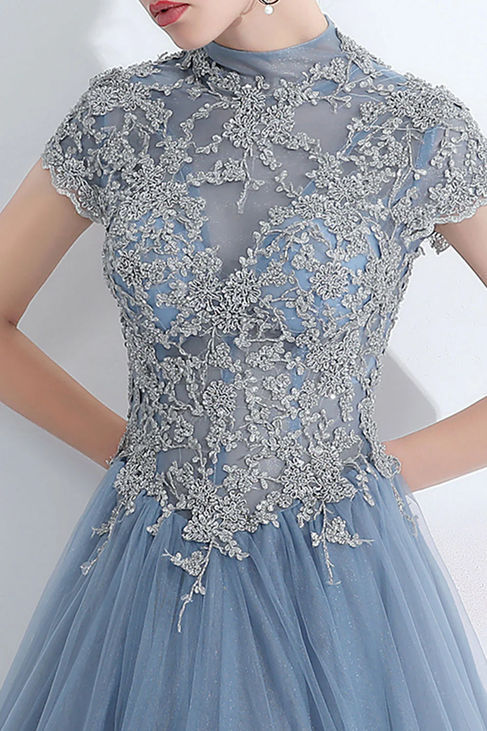 Gray Blue Round Neck Tulle Lace Long Prom Dress, Gray Blue Evening Dress - Deanwangkt