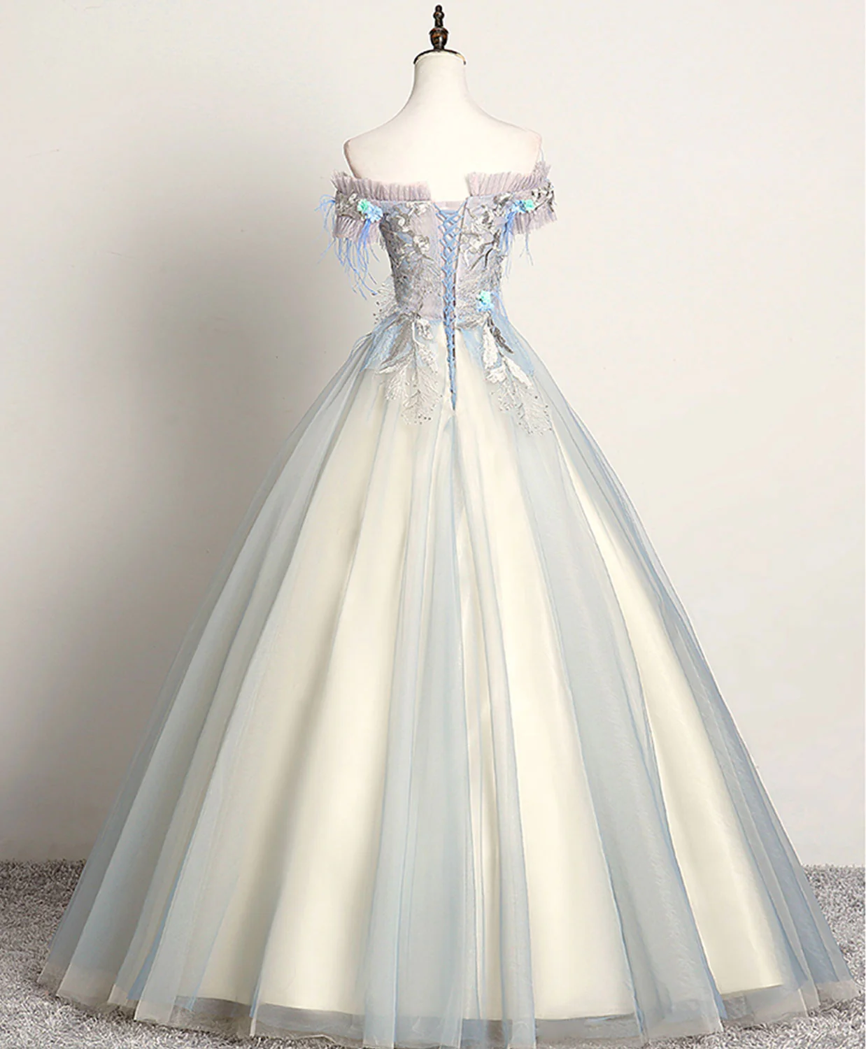 Gray Blue Sweetheart Lace Long Prom Dress, Gray Blue Tulle Evening Dress - Deanwangkt