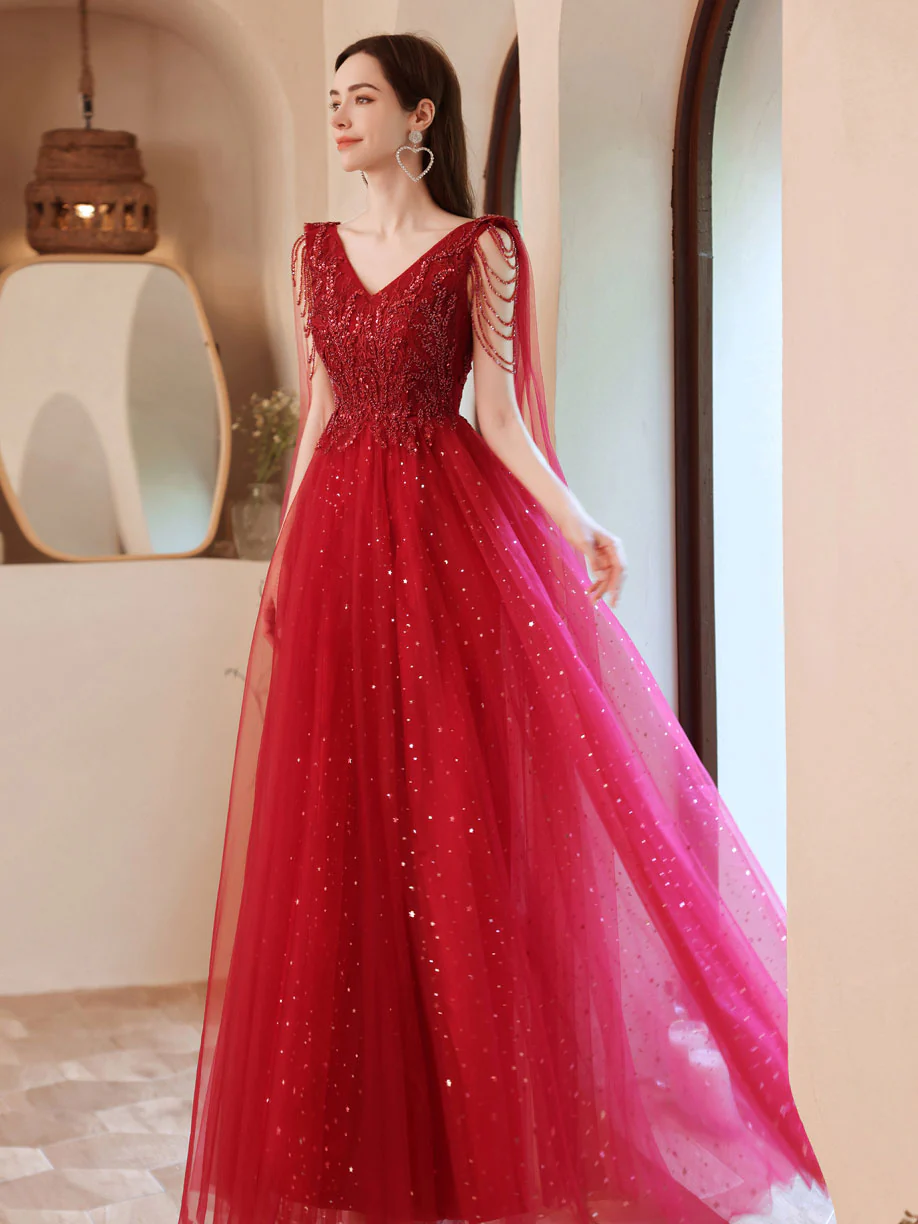 Burgundy V Neck Tulle Lace Beads Long Prom Dress, Burgundy Evening Dress - Deanwangkt