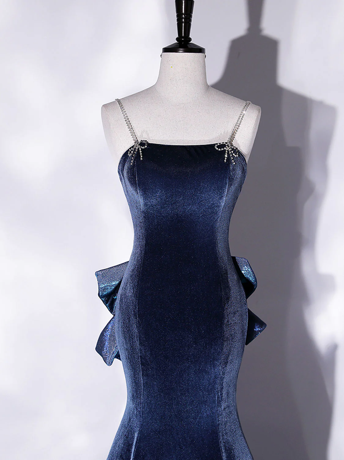 Mermaid Velvet Blue Long Prom Dresses, Blue Velvet Long Evening Dress - Deanwangkt
