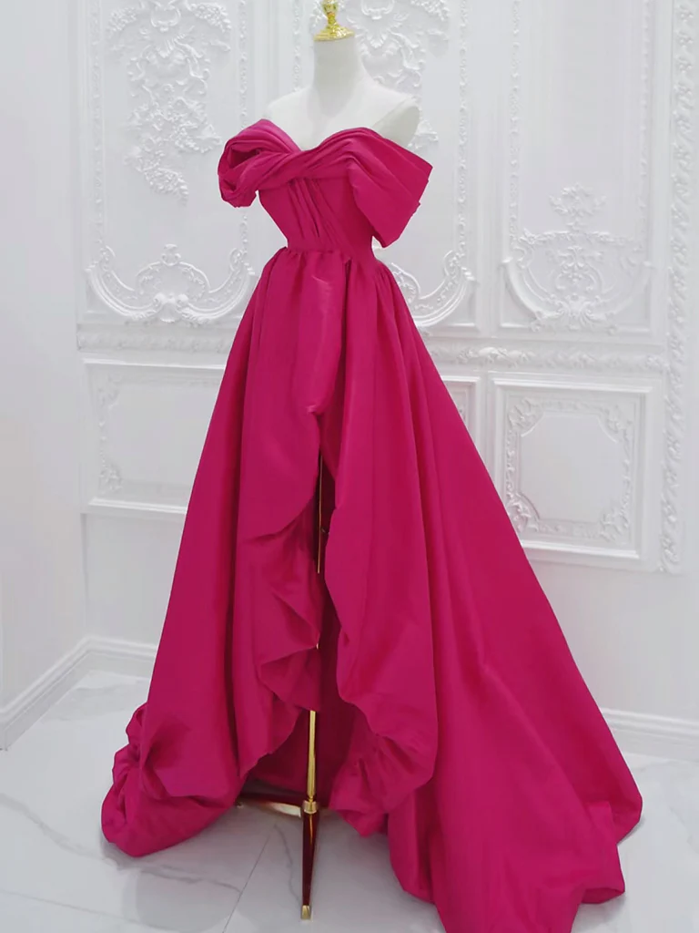 A-Line Off Shoulder Satin Rose Red Long Prom Dress, Rose Red Long Evening Dress - Deanwangkt