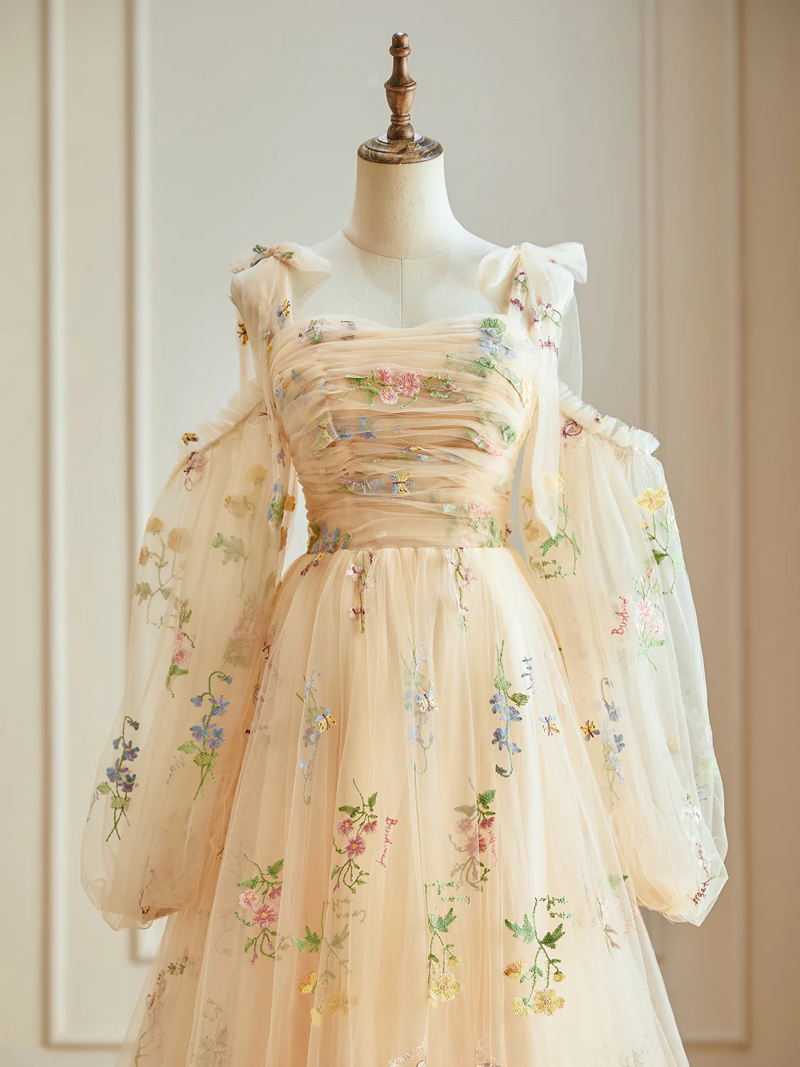A-Line Champagne Tulle Lace Long Sleeves Prom Dress, Champagne Long Evening Dress - Deanwangkt