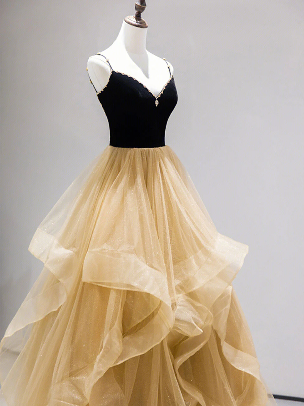 A-Line Champagne Tulle Long Prom Dresses, Velvet Graduation Dresses with Beading - Deanwangkt