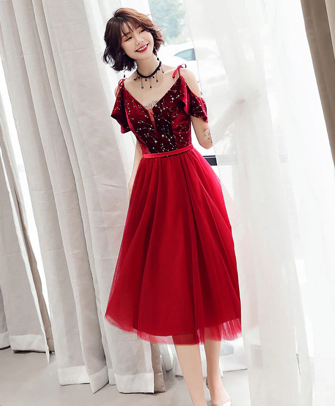 Simple Burgundy Off Shoulder Tulle Short Prom Dress - Deanwangkt