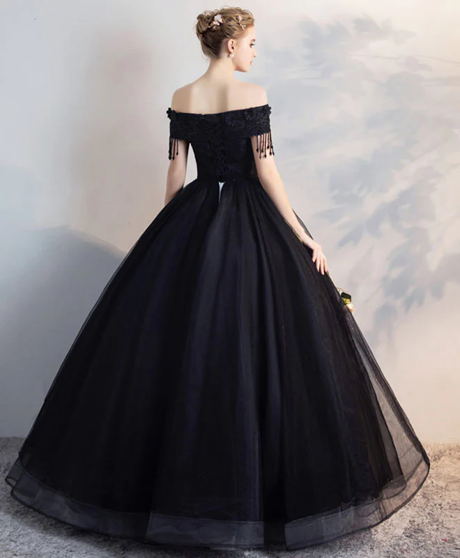 Black Off Shoulder Lace Tulle Long Prom Dress, Black Evening Dress - Deanwangkt