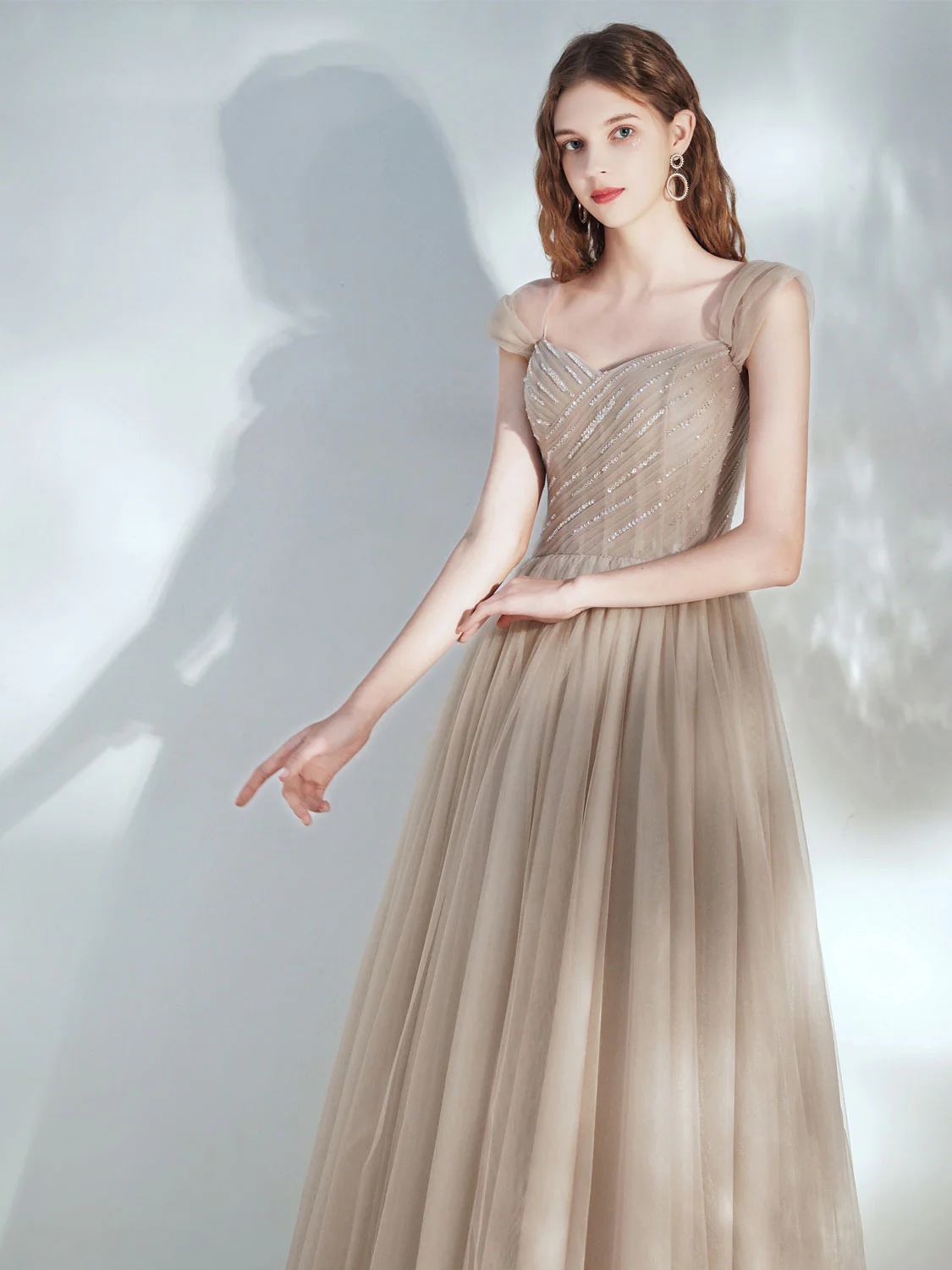 A-Line Tulle Champagne Long Prom Dress, Champagne Formal Dresses - Deanwangkt