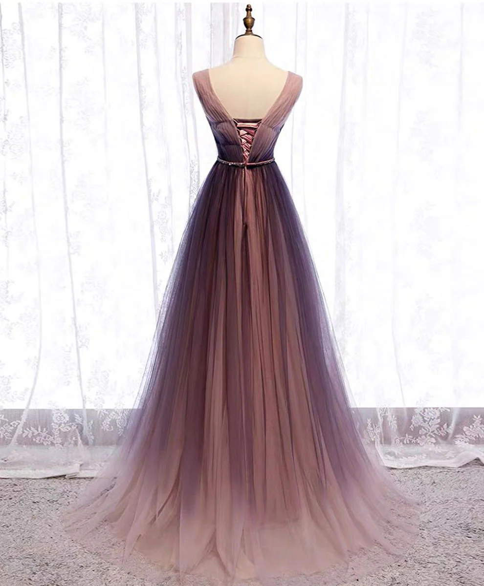 Simple V Neck Tulle Long Prom Dress Tulle Evening Dress - Deanwangkt