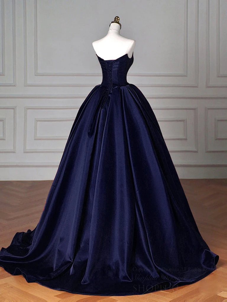 A-Line Off Shoulder Satin Dark Blue Long Prom Dress, Dark Blue Long Formal Dress - Deanwangkt