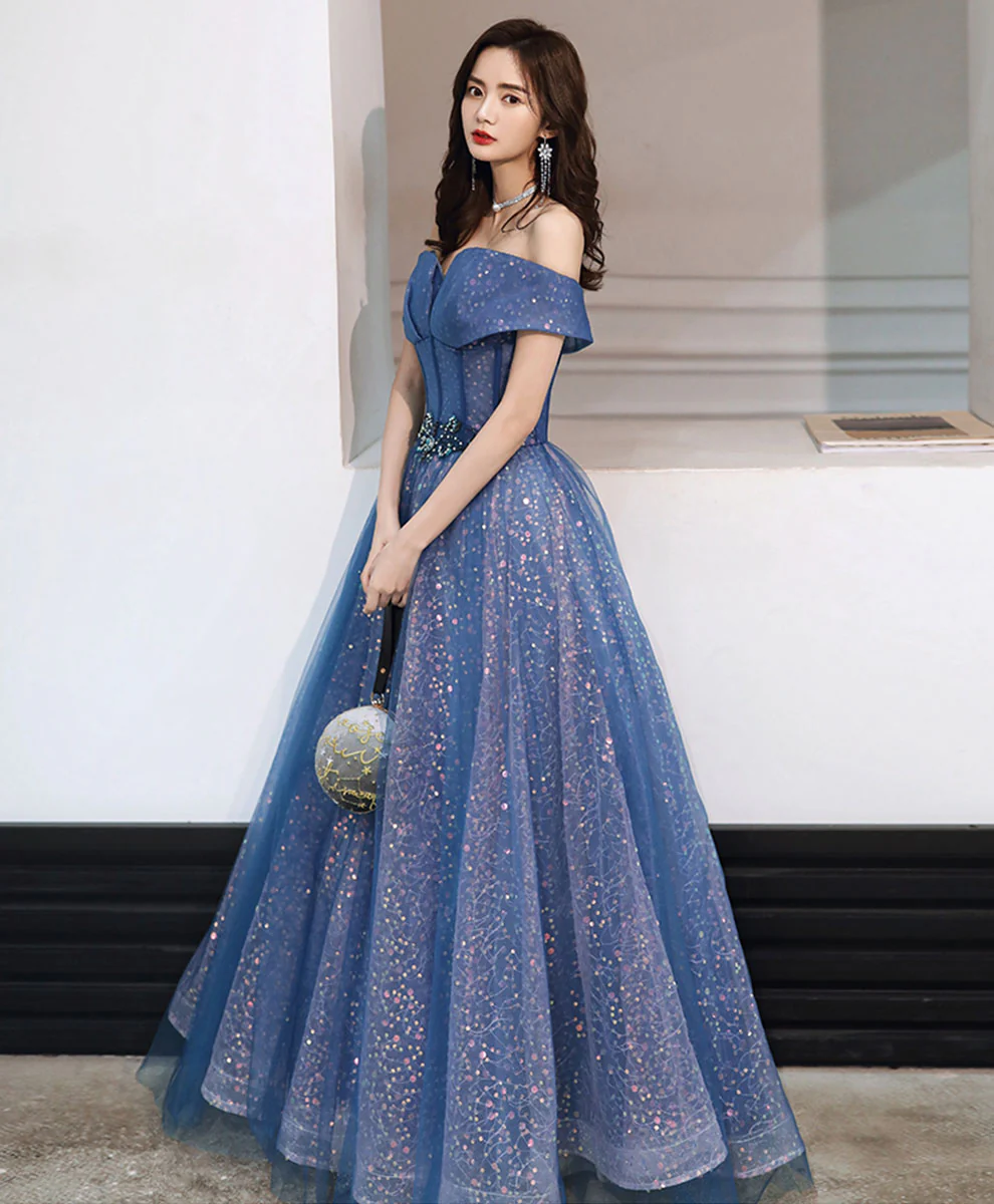Blue Tulle Off Shoulder Long Prom Dress, Shiny Blue Formal Evening Dress - Deanwangkt