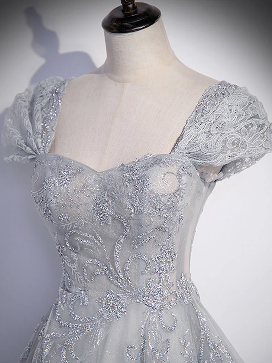 Gray Sweetheart Neck Tulle Lace Long Prom Dress, Gray Evening Dress - Deanwangkt