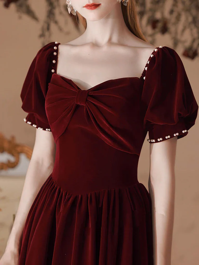 A-Line Velvet Tea Length Burgundy Prom Dress, Burgundy Formal Dress - Deanwangkt