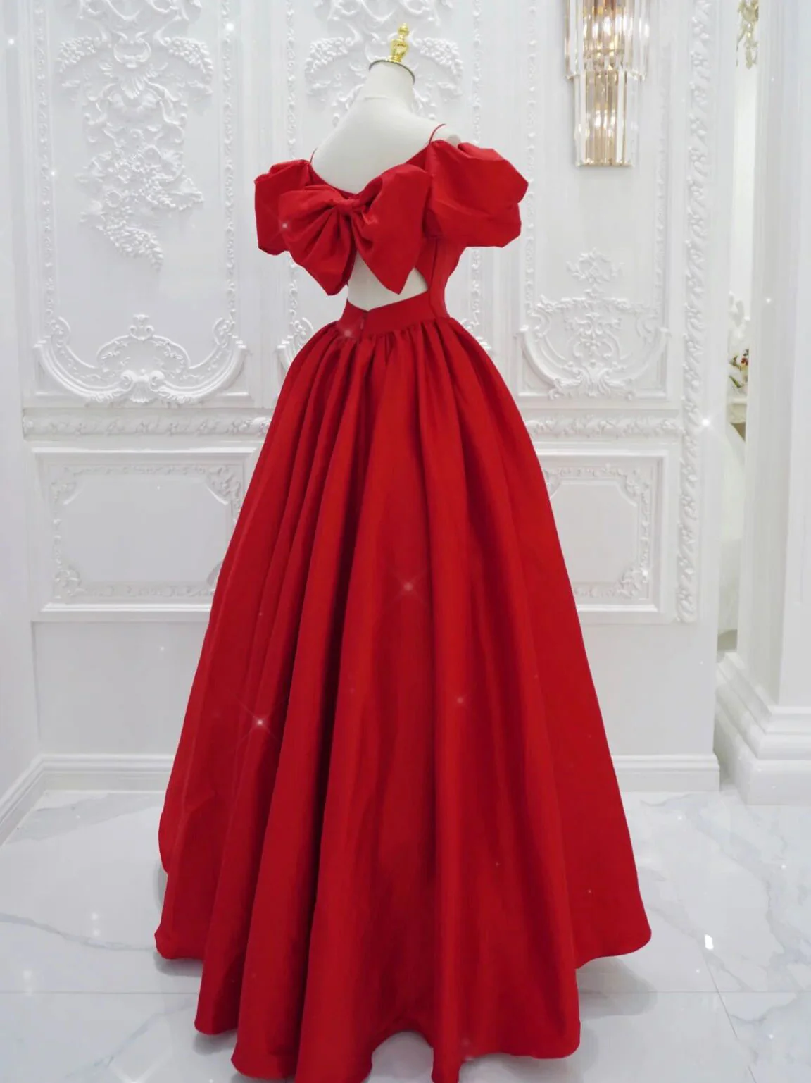Red V Neck Satin Long Prom Dress, Red Formal Evening Dresses - Deanwangkt