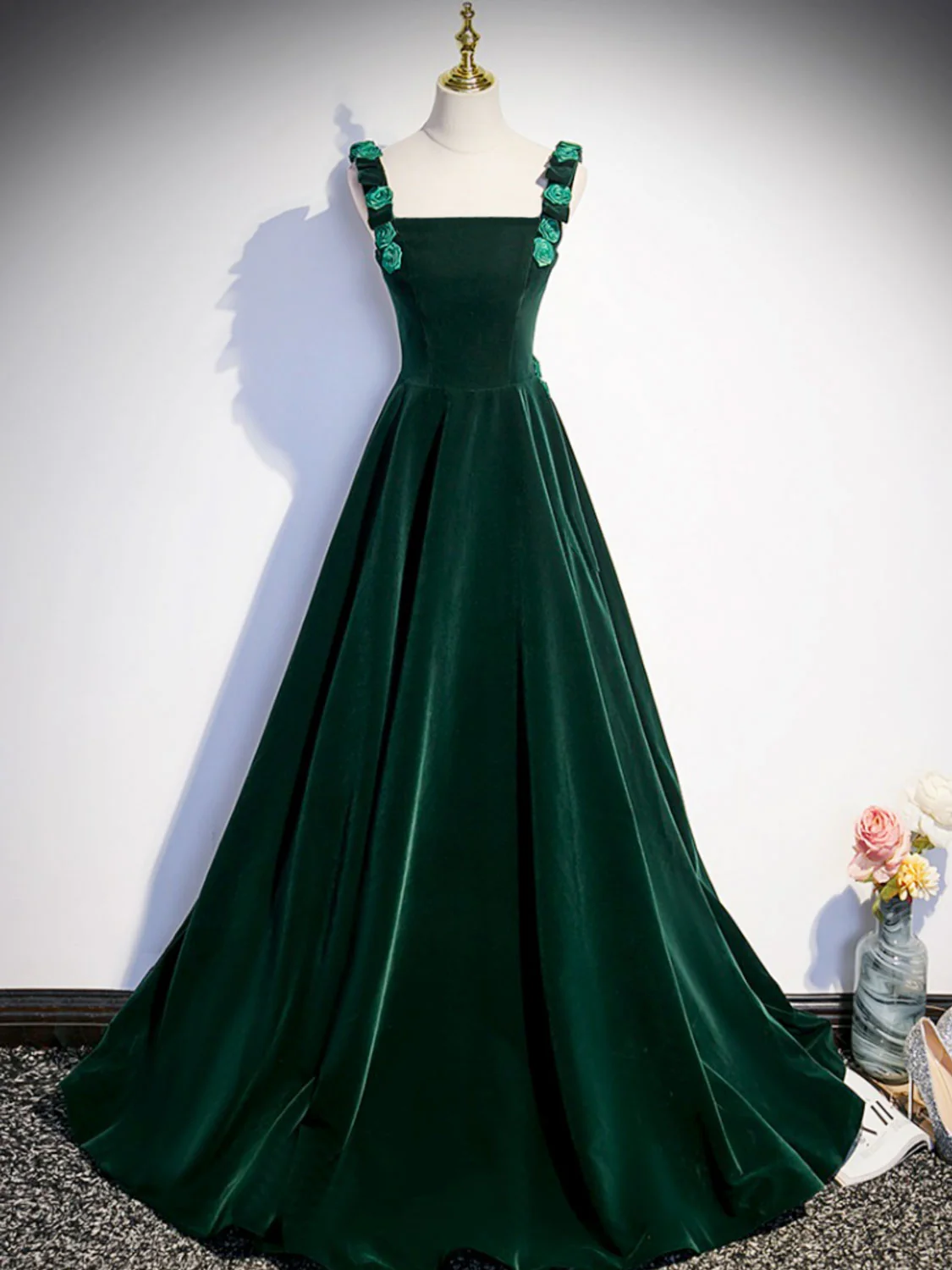 A-Line Velvet Green Long Prom Dresses, Green Formal Evening Dresses - Deanwangkt