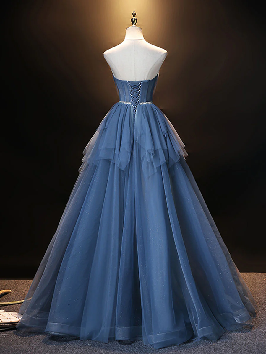 Blue Sweetheart Neck Tulle Long Prom Dress Blue evening dress - Deanwangkt
