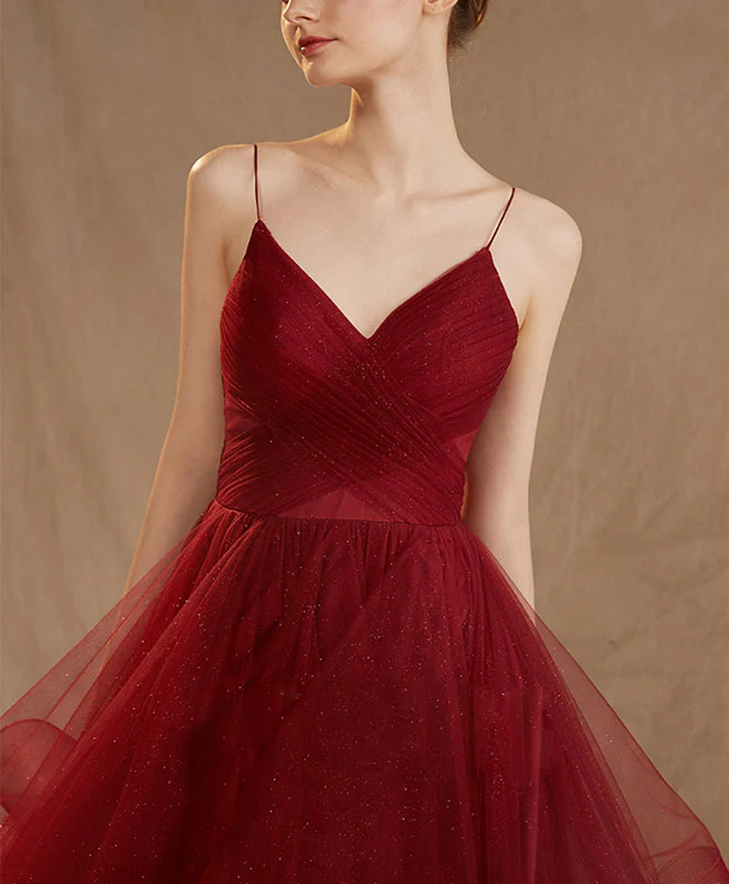 Burgundy Tulle Long Prom Dress, Burgundy Tulle Evening Dress - Deanwangkt