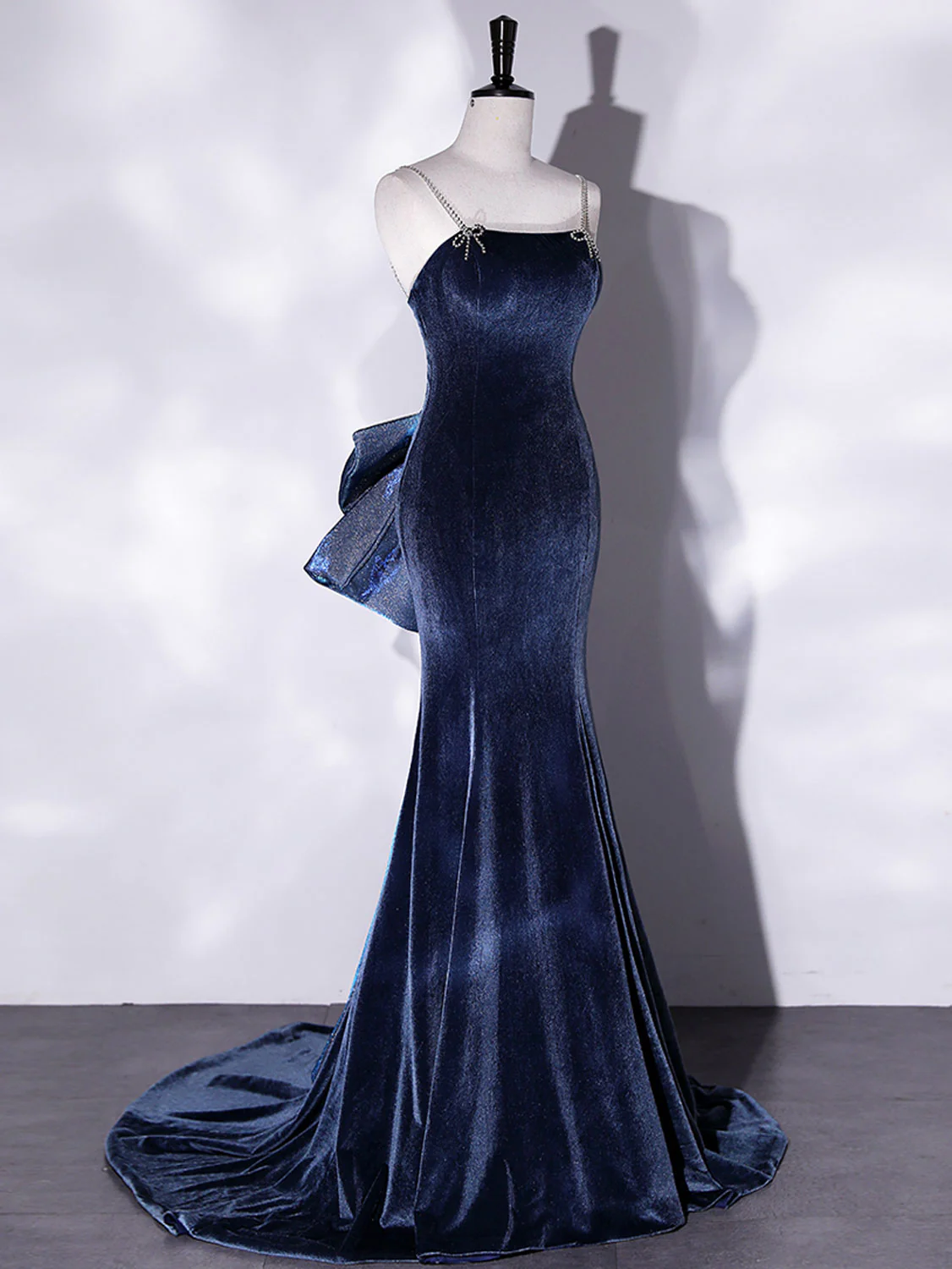 Mermaid Velvet Blue Long Prom Dresses, Blue Velvet Long Evening Dress - Deanwangkt