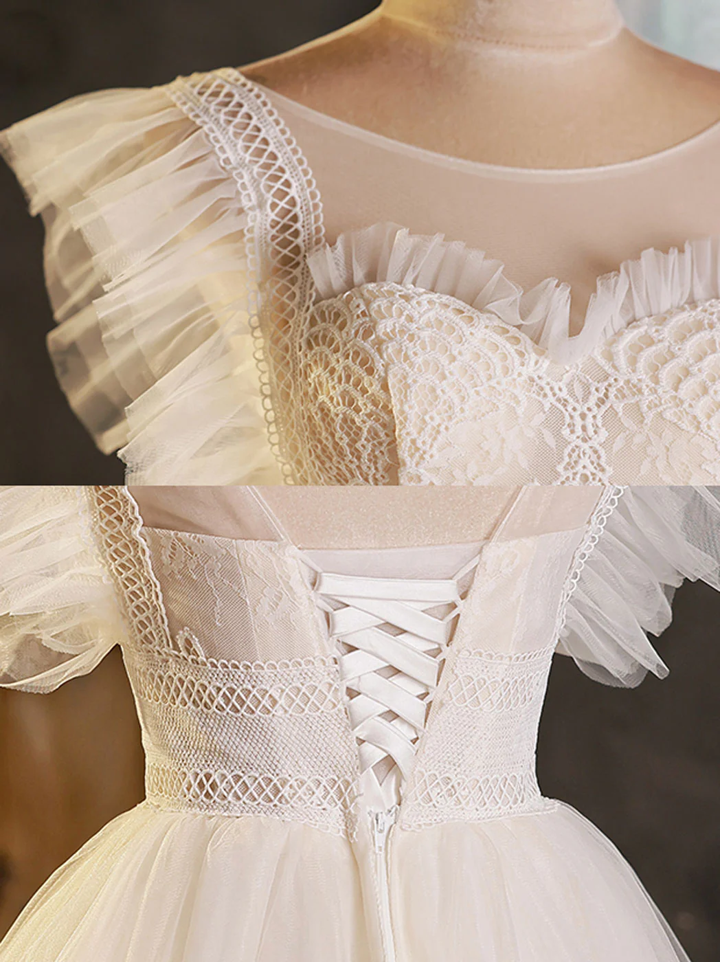 Light Champagne Round Neck Tulle Lace Short Prom Dress, Puffy Homecoming Dress - Deanwangkt