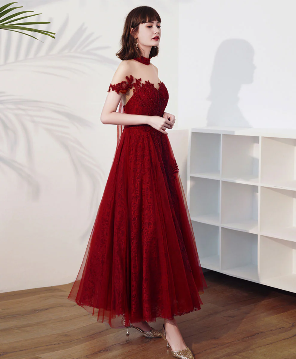 Burgundy High Neck Tulle Lace Tea Length Prom Dress, Lace Formal Evening Dress - Deanwangkt