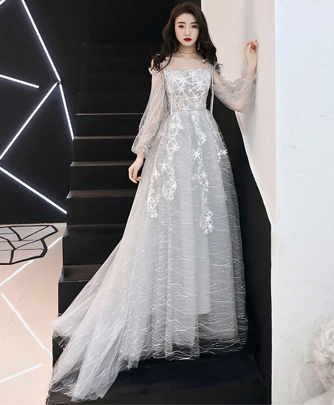 Gray Tulle Lace Long Prom Dress, Gray Tulle Evening Dress - Deanwangkt