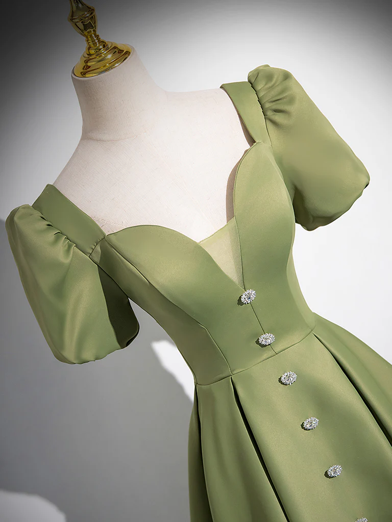 A-Line Short Sleeve Satin Green Long Prom Dress, Green Long Formal Dress - Deanwangkt