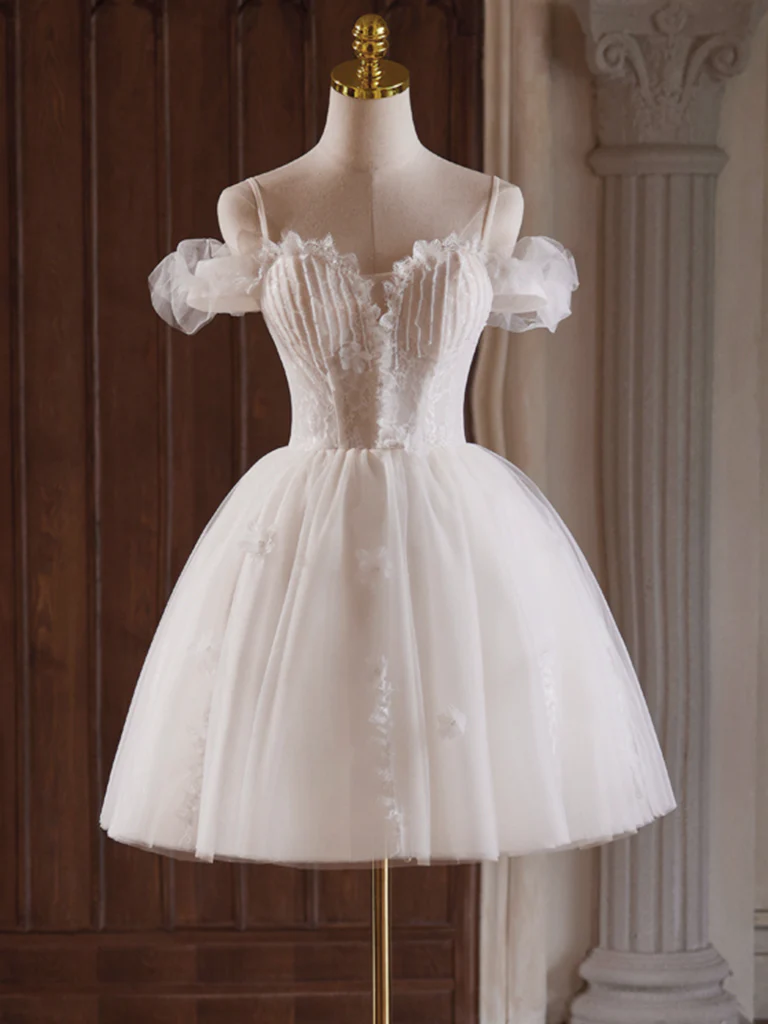 A-Line Off Shoulder Tulle Lace Light Champagne Short Prom Dress - Deanwangkt