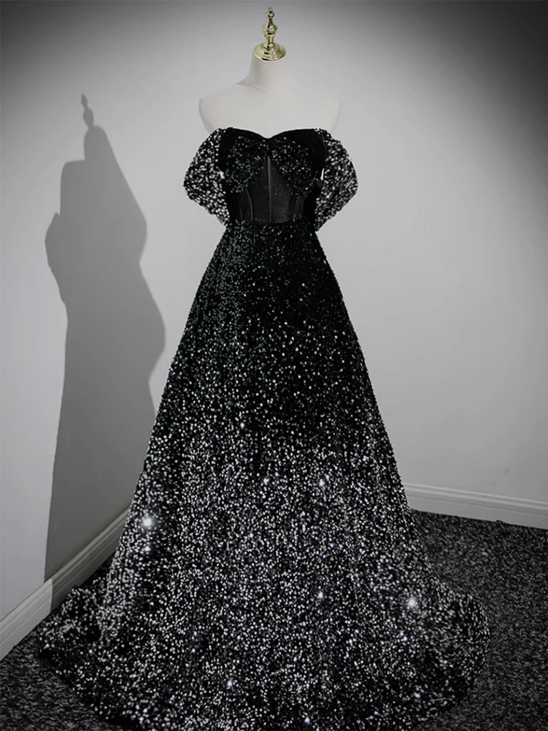 A-Line Velvet Sequin Long Black Prom Dress, Black Long Evening Dress - Deanwangkt