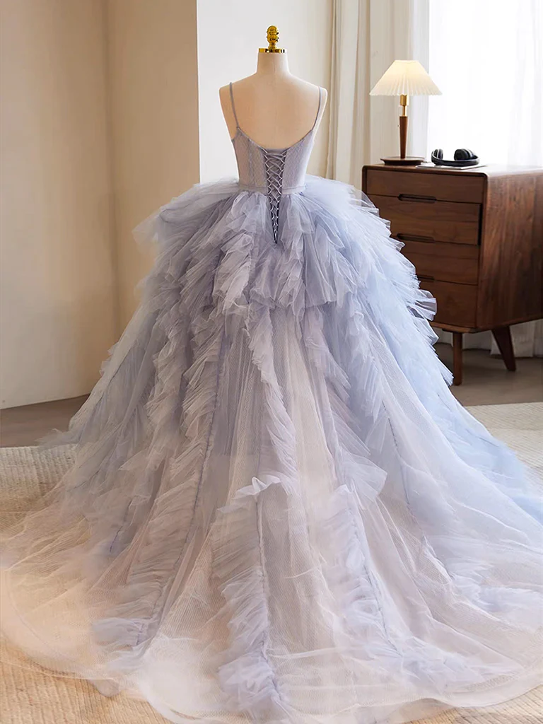 Blue Tulle Long Prom Gown, Blue Tulle Long Sweet 16 Dress - Deanwangkt
