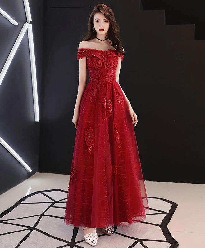 Burgundy Tulle Lace Off Shoulder Prom Dress, Burgundy Evening Dress - Deanwangkt