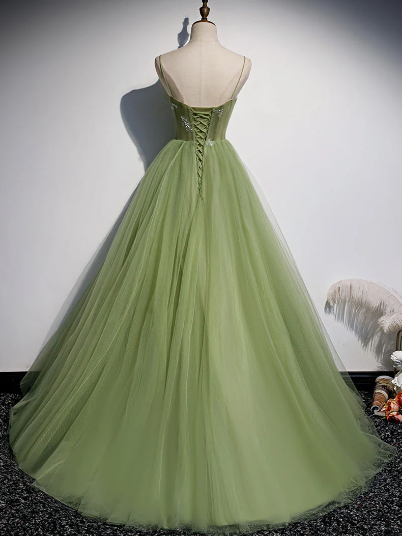 Aline Tulle Green Long Prom Dresses, Green Formal Graduation Dress with Beading - Deanwangkt