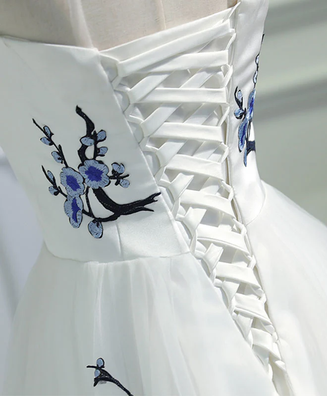 White A-Line Tulle Long Prom Dress, White Evening Dress - Deanwangkt