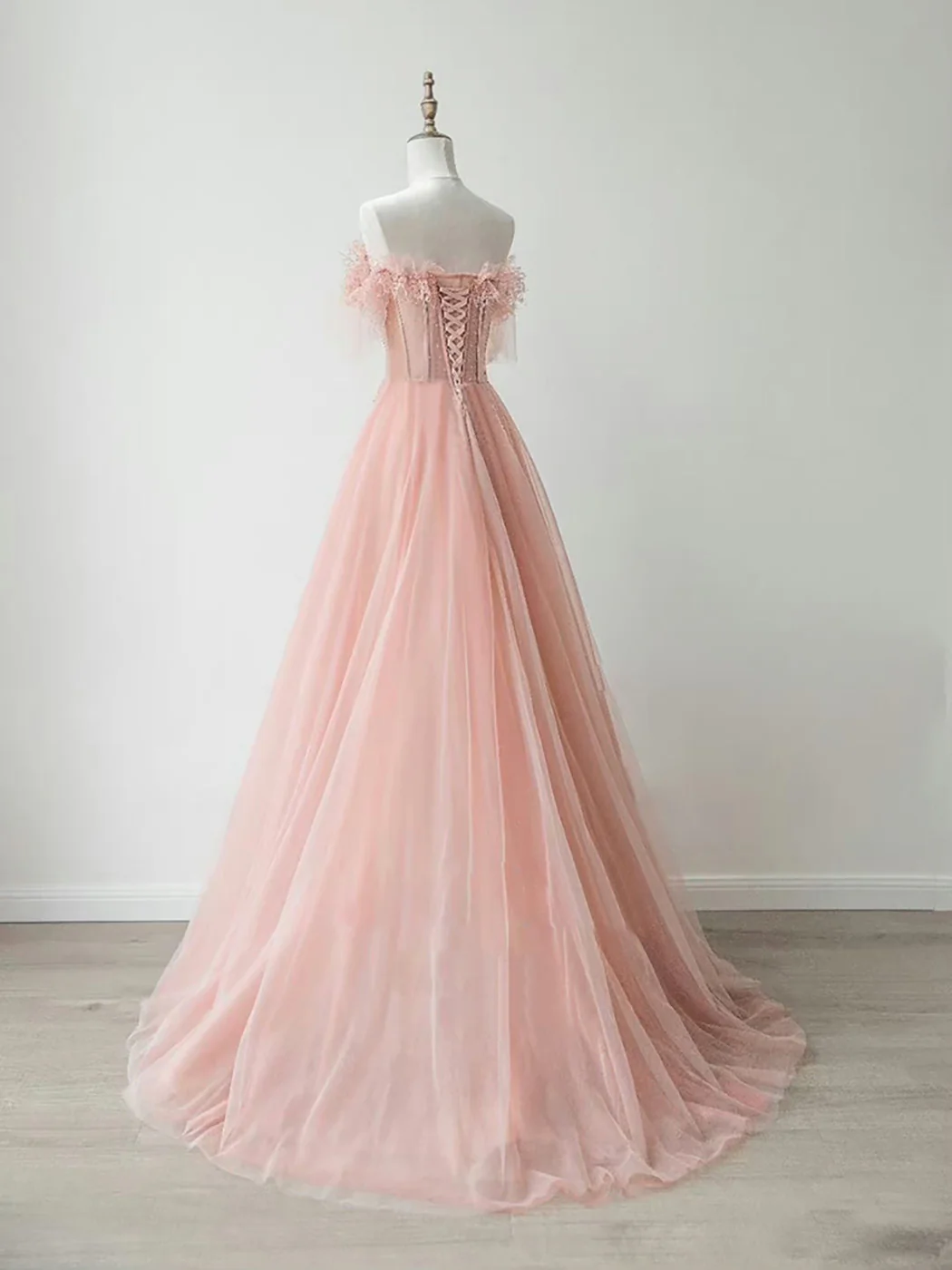 A-Line Sweetheart Neck Tulle Lace Pink Long Prom Dress, Pink Formal Dress - Deanwangkt