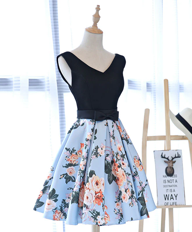 Cute V Neck Floral Pattern Short Prom Dress, Homecoming Dress - Deanwangkt