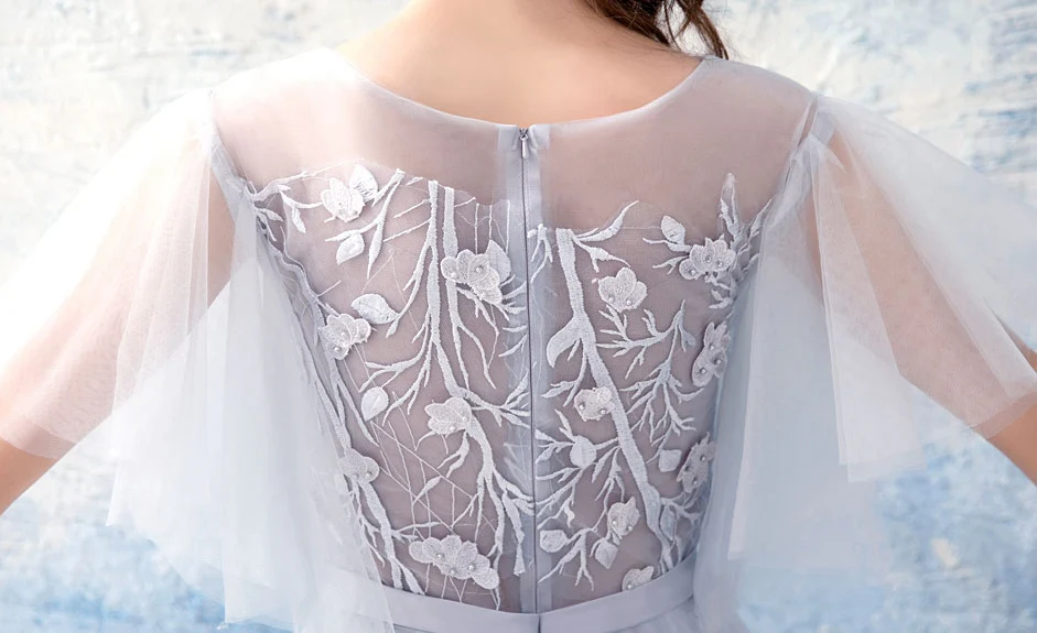 Gray Tulle Ace Long Prom Dress, Gray Evening Dress - Deanwangkt