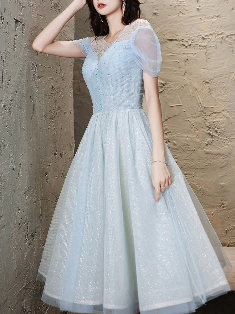 Blue Round Neck Tulle Short Prom Dress, Blue Homecoming Dress - Deanwangkt