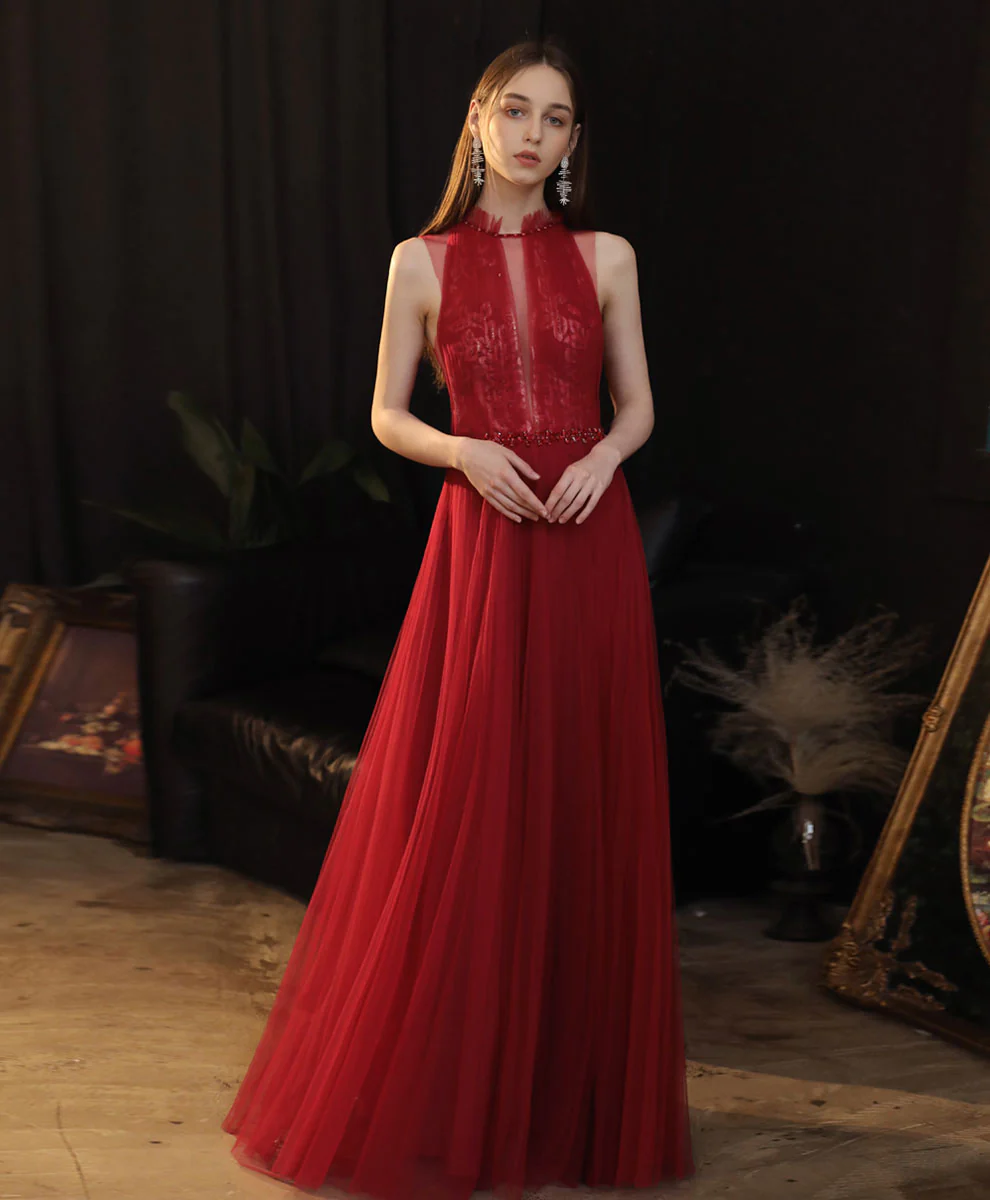 Burgundy High Neck Tulle Lace Long Prom Dress, Burgundy Formal Evening Dress - Deanwangkt