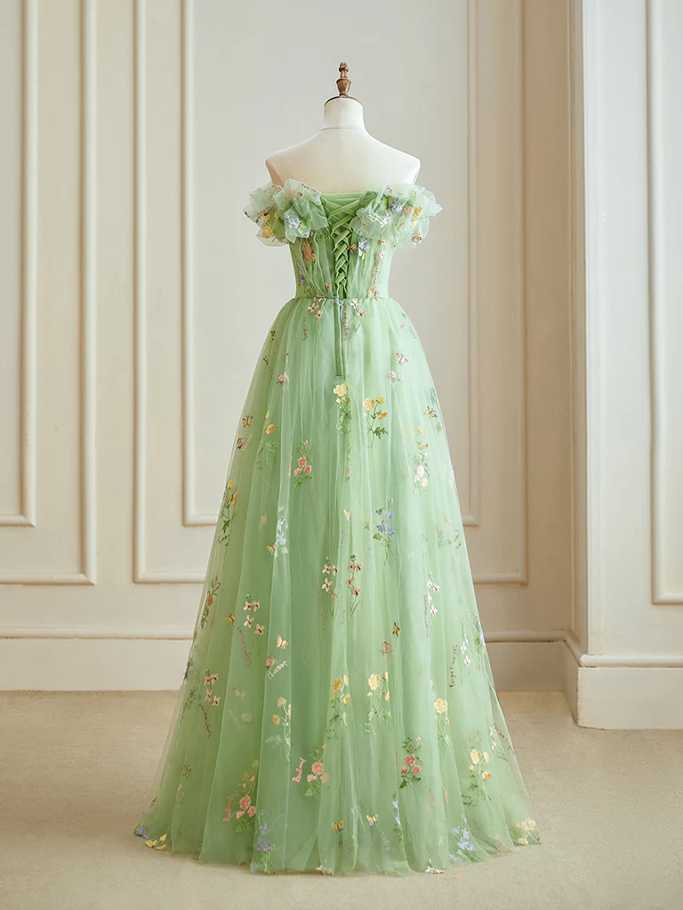 A-Line Off Shoulder Tulle Lace Green Long Prom Dress, Green Lace Long Formal Dress - Deanwangkt