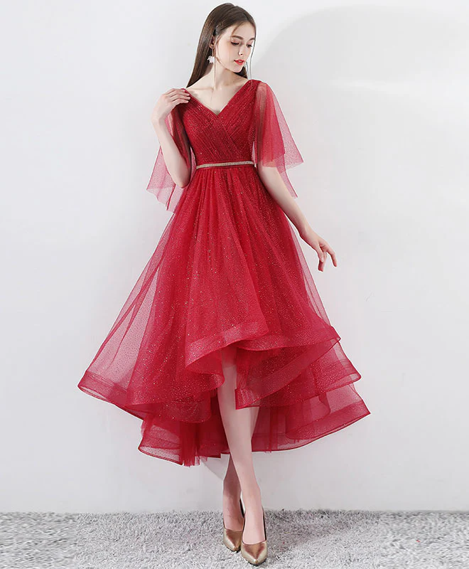 Burgundy Tulle High Low Prom Dress, Burgundy Tulle Evening Dress - Deanwangkt
