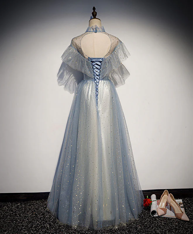 Light Gray Blue Tulle Lace Long Prom Dress, Gray Blue Tulle Evening Dress - Deanwangkt
