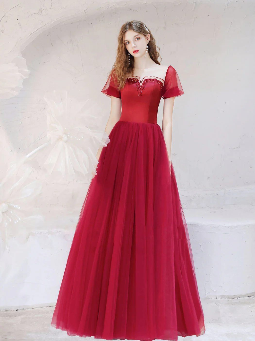 A-Line Burgundy Long Prom Dresses, Tulle Burgundy Evening Dresses with Beading - Deanwangkt
